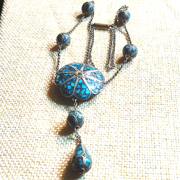 VINTAGE TURQUOISE MOSAIC INLAY  NECKLACE - Picture 8 of 8